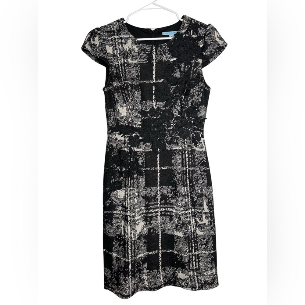 ANTONIO MELANI Black and White Checkered W| Detail Design Dress Business Office